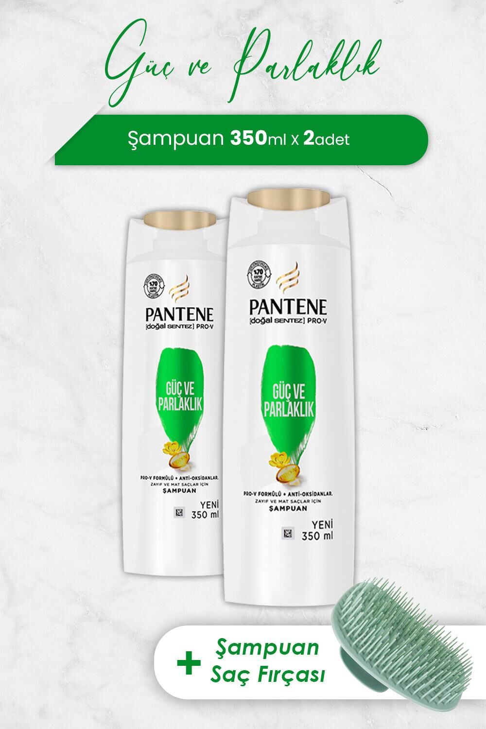 Pantene Şampuan Pro-V Doğal Sentez Güç ve Parlaklık 350 ml x 2 Adet ve Şampuan Fırçası