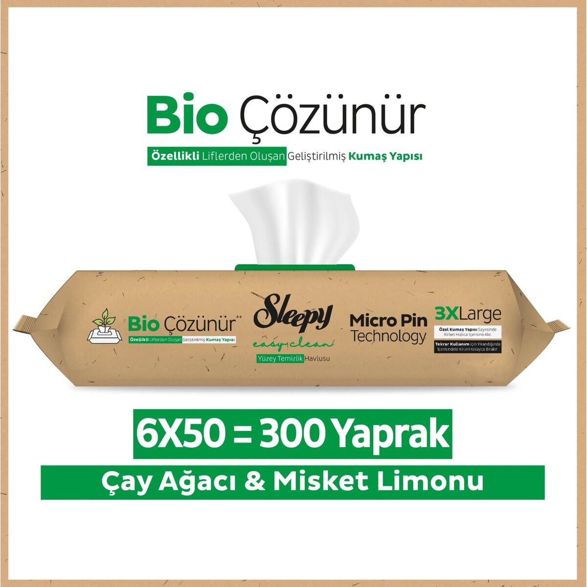 Sleepy Bio Çözünür Yüzey Temizlik Havlusu Çay Ağacı&Misket Limonu 6x50 (300 Yaprak)