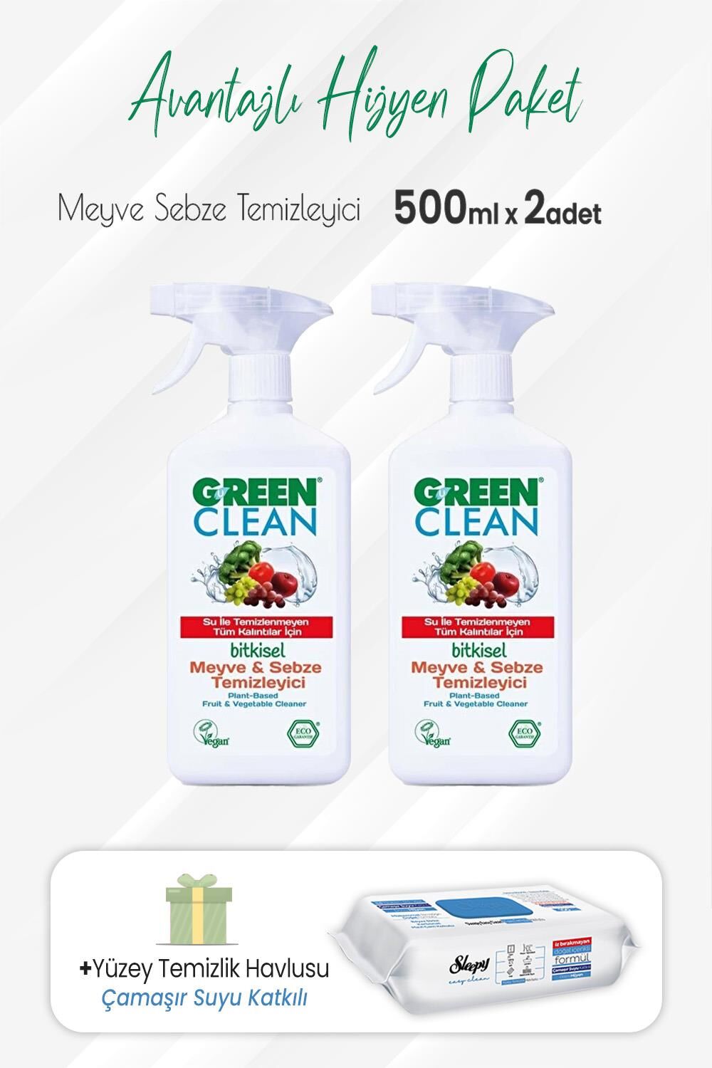 Green Clean Meyve Sebze Temizleyici 500 ml x 2 Adet Çamaşır Sulu Temizlik Havlusu