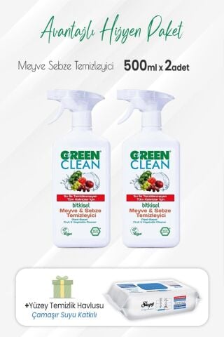 Green Clean Meyve Sebze Temizleyici 500 ml x 2 Adet Çamaşır Sulu Temizlik Havlusu