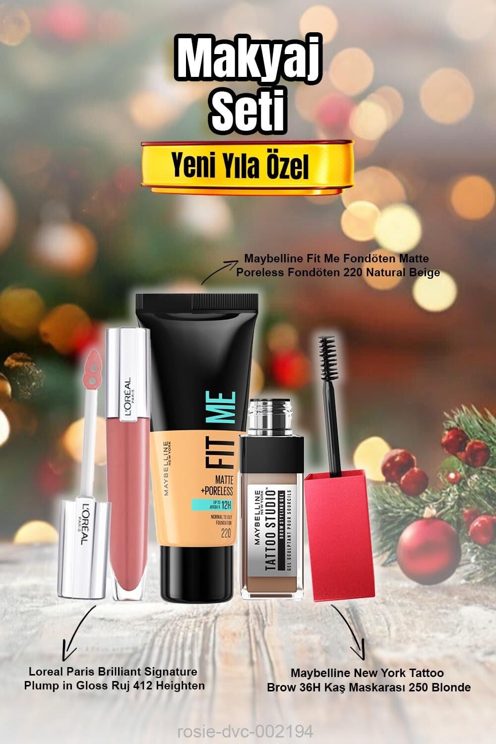 Maybelline Fit Me Fondöten 220, Tattoo Brow Kaş Maskarası 250,  Plump in Gloss Ruj 412