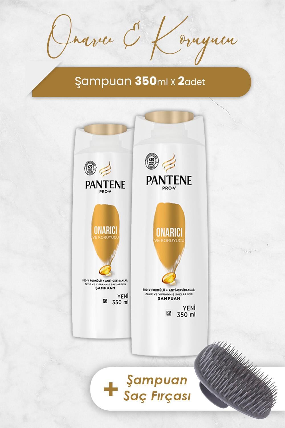 Pantene Şampuan Pro-V Onarıcı ve Koruyucu 350 ml x 2 Adet ve Şampuan Fırçası