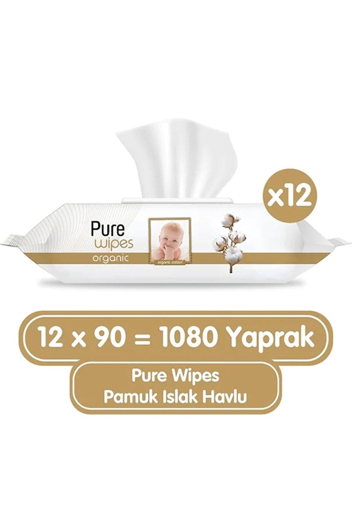 Pure Baby Organik Pamuklu 90 Yaprak 12 Li Paket Islak Havlu