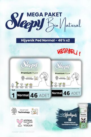 Sleepy 2 adet Bio Natural Hijyenik Ped Mega Paket Normal 46'lı ve ROSIE makyaj pamuk