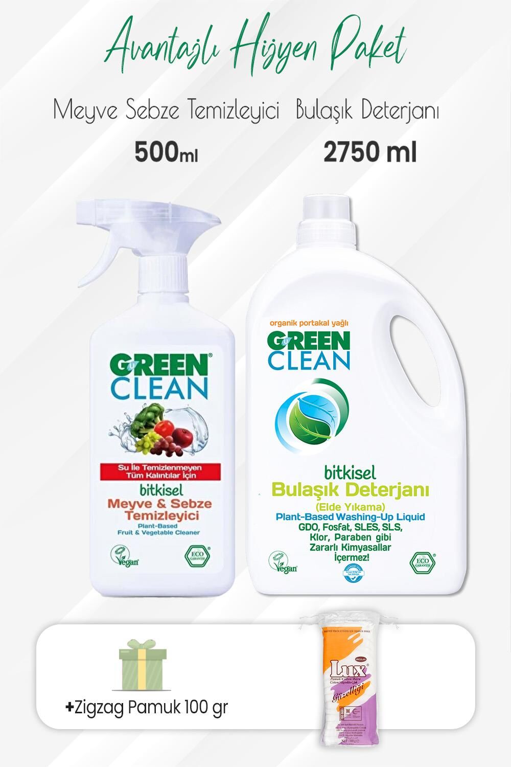 Green Clean Meyve Sebze Temizleyici,Bulaşık Deterjanı 2750 ml ve Zigzag Pamuk