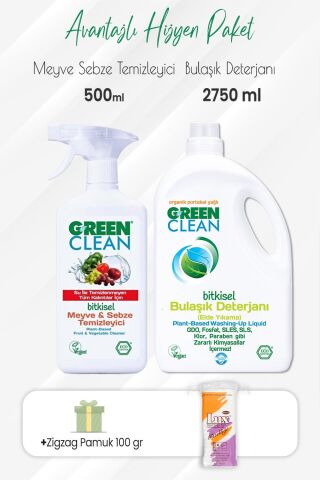 Green Clean Meyve Sebze Temizleyici,Bulaşık Deterjanı 2750 ml ve Zigzag Pamuk