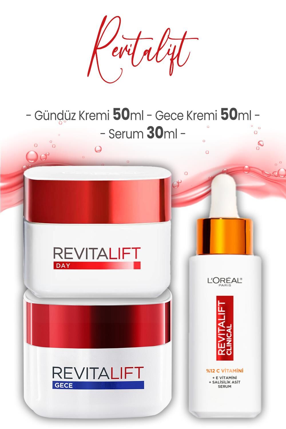 Loreal Paris Revitalift Yoğun Etki Gündüz Kremi 50 ml, Gece Kremi 50 ml ve Serum 30 ml
