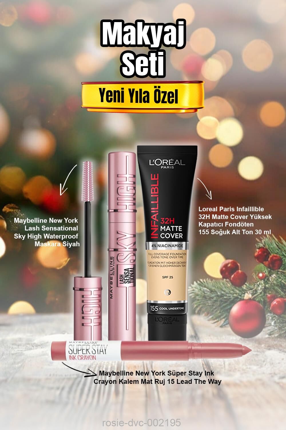 Maybelline Infaillible Fondöten 155, Sky High Waterproof Maskara, Stay Ink Crayon Mat Ruj 15