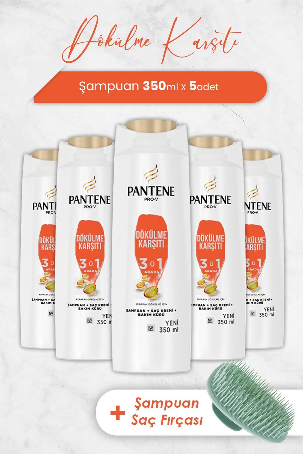 Pantene Şampuan Pro-V Dökülme Karşıtı 3' ü 1 Arada 350 ml x 5 Adet ve Şampuan Fırçası