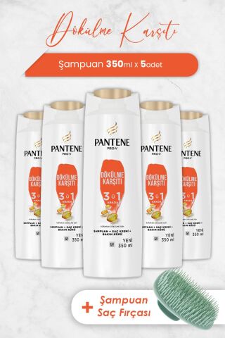 Pantene Şampuan Pro-V Dökülme Karşıtı 3' ü 1 Arada 350 ml x 5 Adet ve Şampuan Fırçası