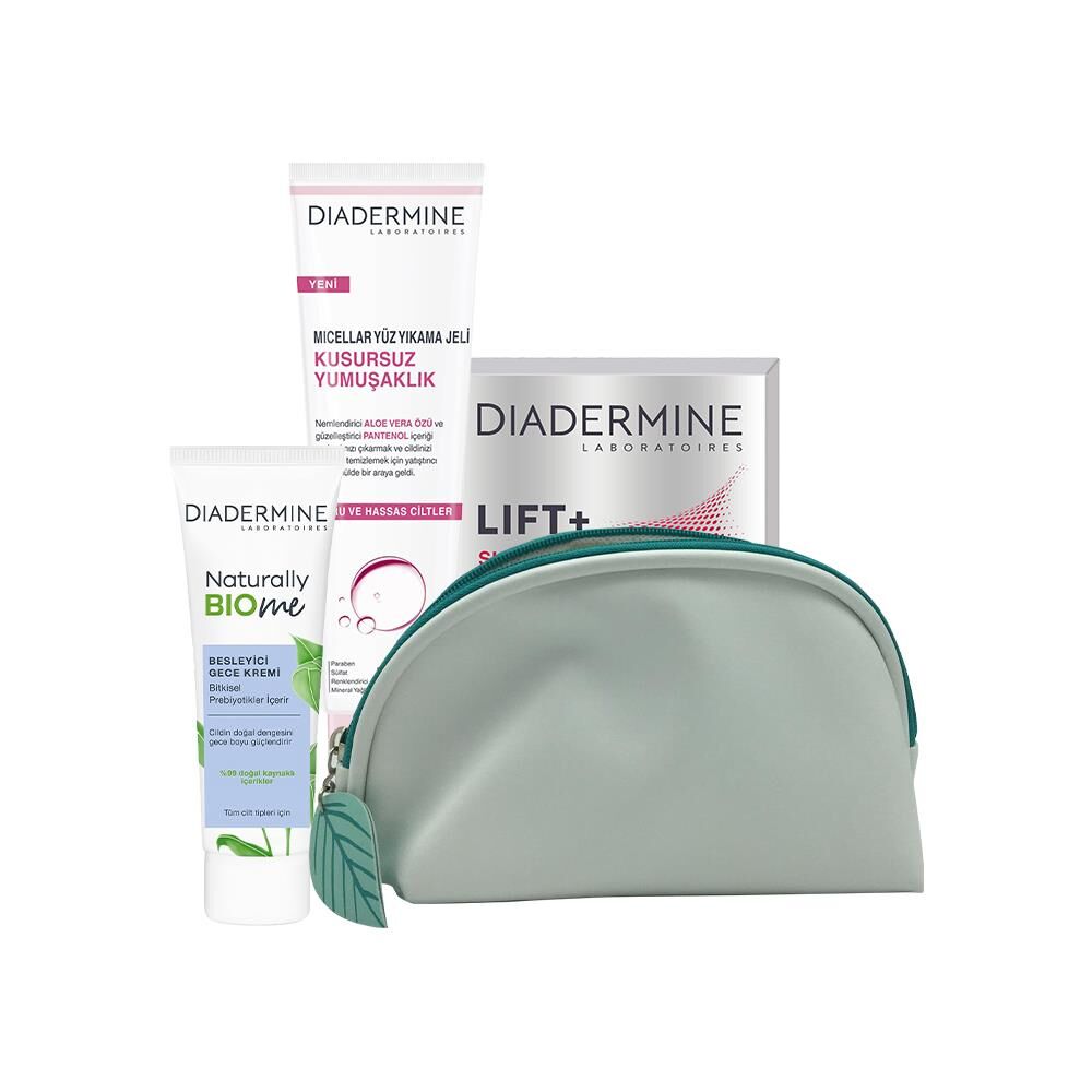 Diadermine Yüz Yıkama Jeli, Gündüz Kremi, Gece Kremi ve Diadermine Çanta Hediyeli