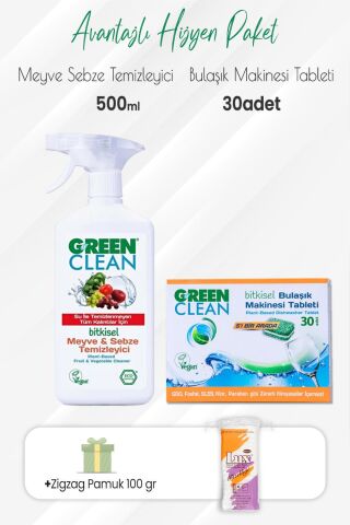 Green Clean Meyve Sebze Temizleyici,Bulaşık Makinesi Tableti 30 Adet ve Zigzag Pamuk