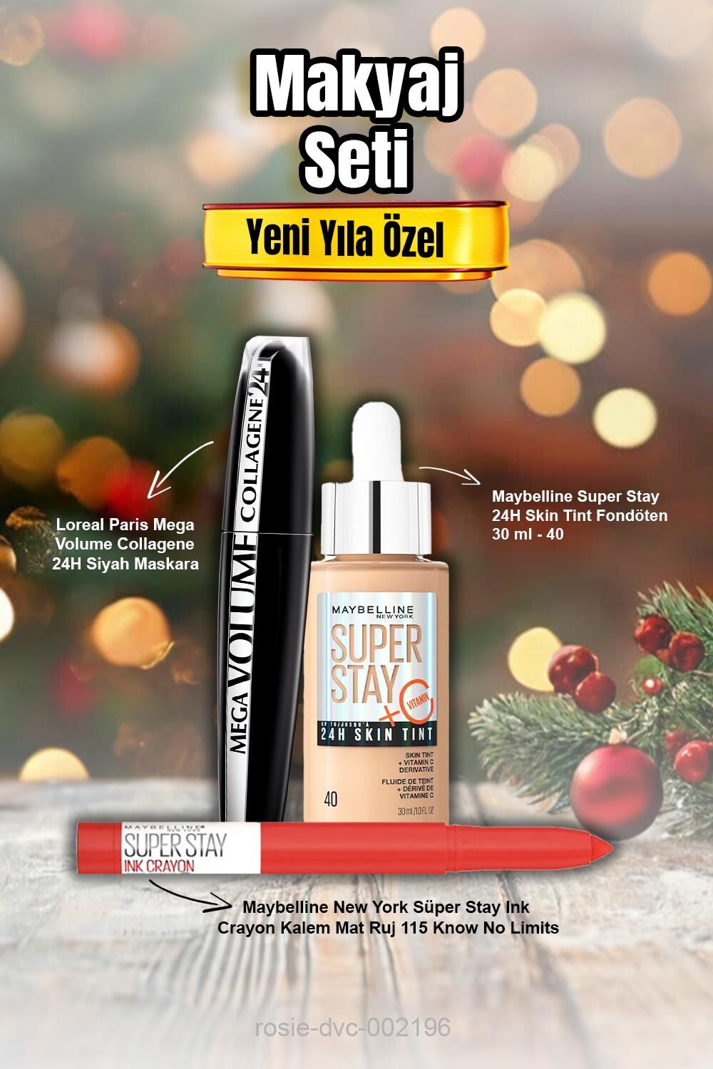 Maybelline Skin Tint Fondöten 40, Mega Volume Maskara, Stay Ink Crayon Kalem Mat Ruj 115