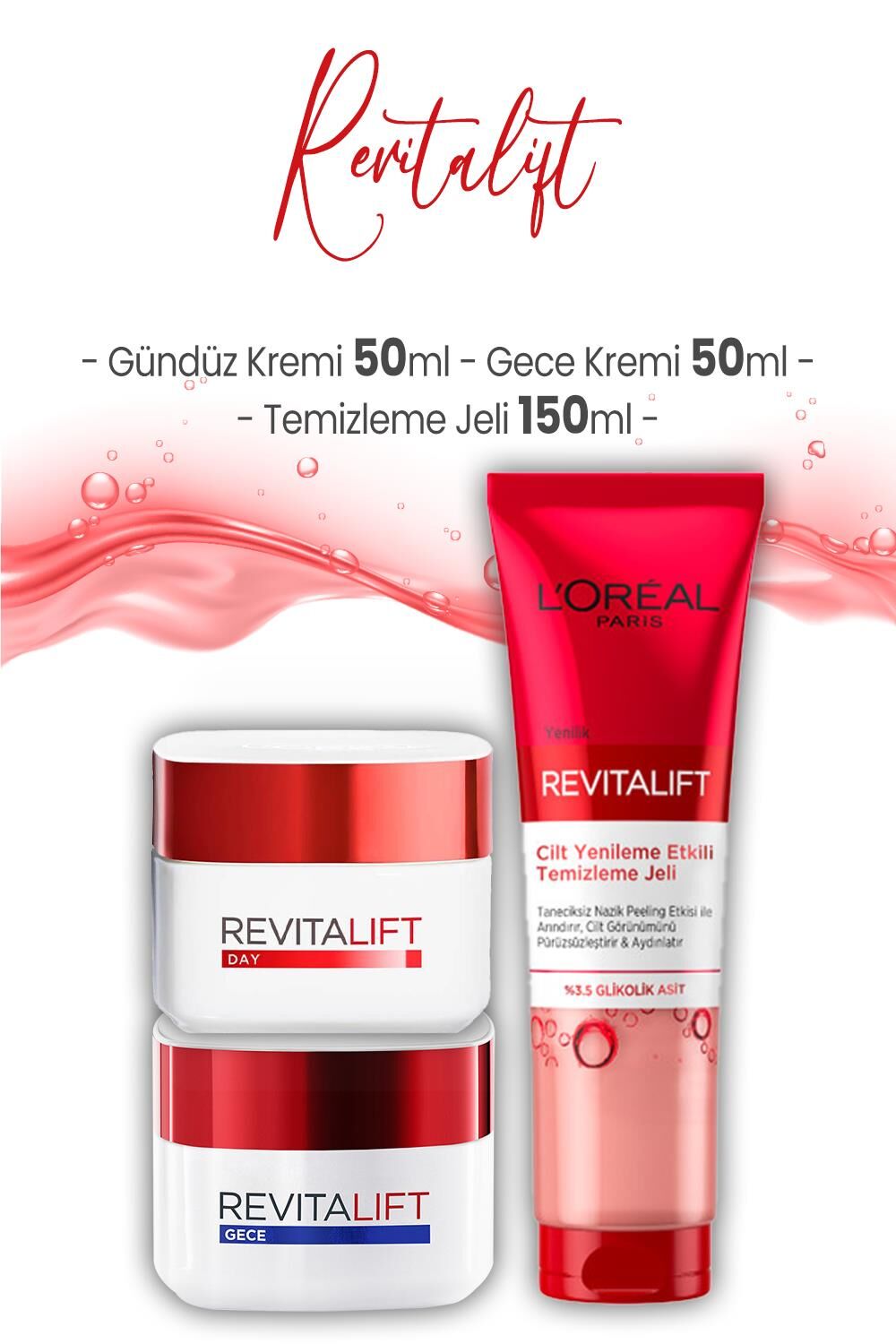 Loreal Paris Revitalift Yoğun Etki Gündüz Kremi 50 ml, Gece Kremi 50 ml ve Temizleme Jeli 150 ml