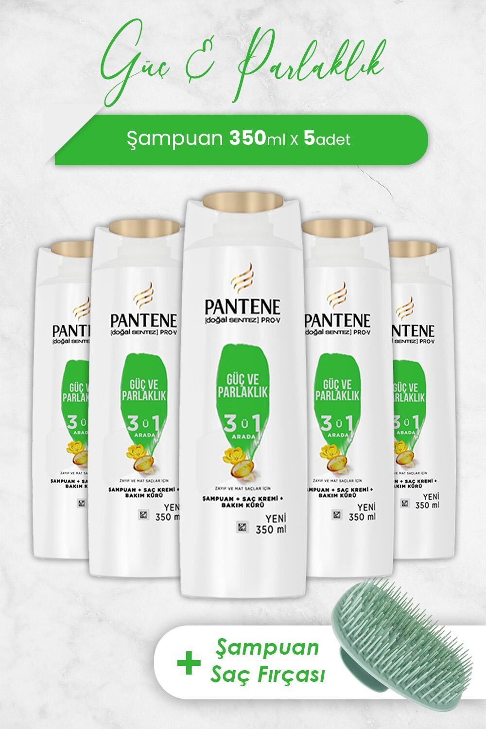 Pantene Şampuan Pro-V Doğal Sentez Güç ve Parlaklık 3'ü 1 Arada 350 ml x 5 Adet ve Şampuan Fırçası