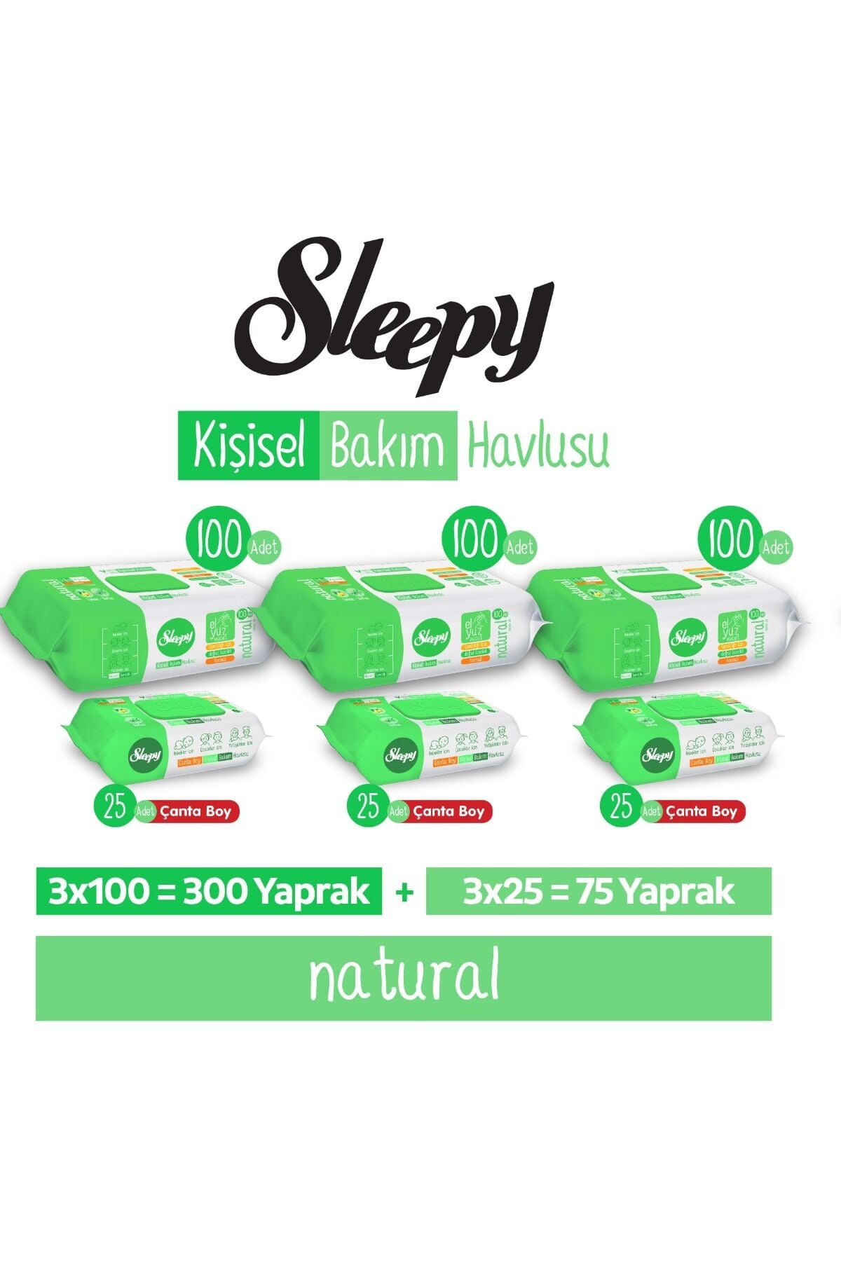 Sleepy Natural Kişisel Bakım Havlusu 3x100 (300 Yaprak) + Çanta Boy 3x25 (75 Yaprak)