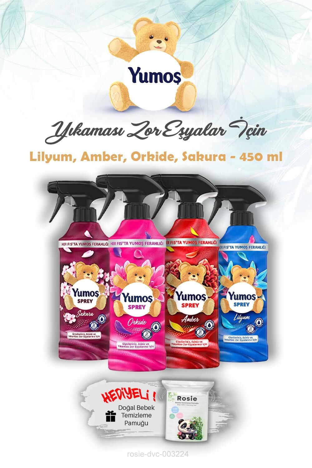 450 Ml Yıkanması Zor Eşyalar Yumoş Sprey Orkide, Sakura, Amber ve Lilyum ve ROSIE