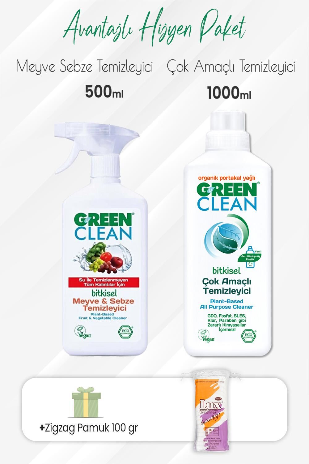Green Clean Meyve Sebze Temizleyici 500 ml,Çok Amaçlı Temizleyici 1000 ml ve Zigzag Pamuk