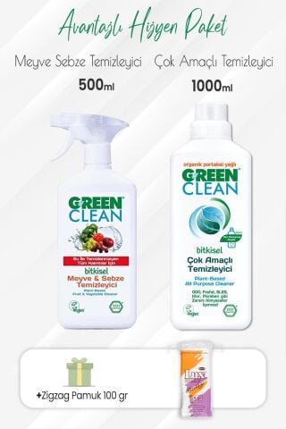 Green Clean Meyve Sebze Temizleyici 500 ml,Çok Amaçlı Temizleyici 1000 ml ve Zigzag Pamuk