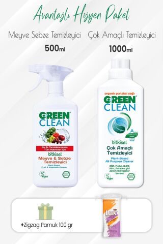 Green Clean Meyve Sebze Temizleyici 500 ml,Çok Amaçlı Temizleyici 1000 ml ve Zigzag Pamuk