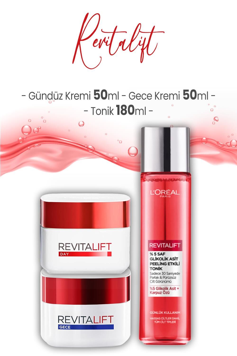 Loreal Paris Revitalift Yoğun Etki Gündüz Kremi 50 ml, Gece Kremi 50 ml ve Tonik 180 ml