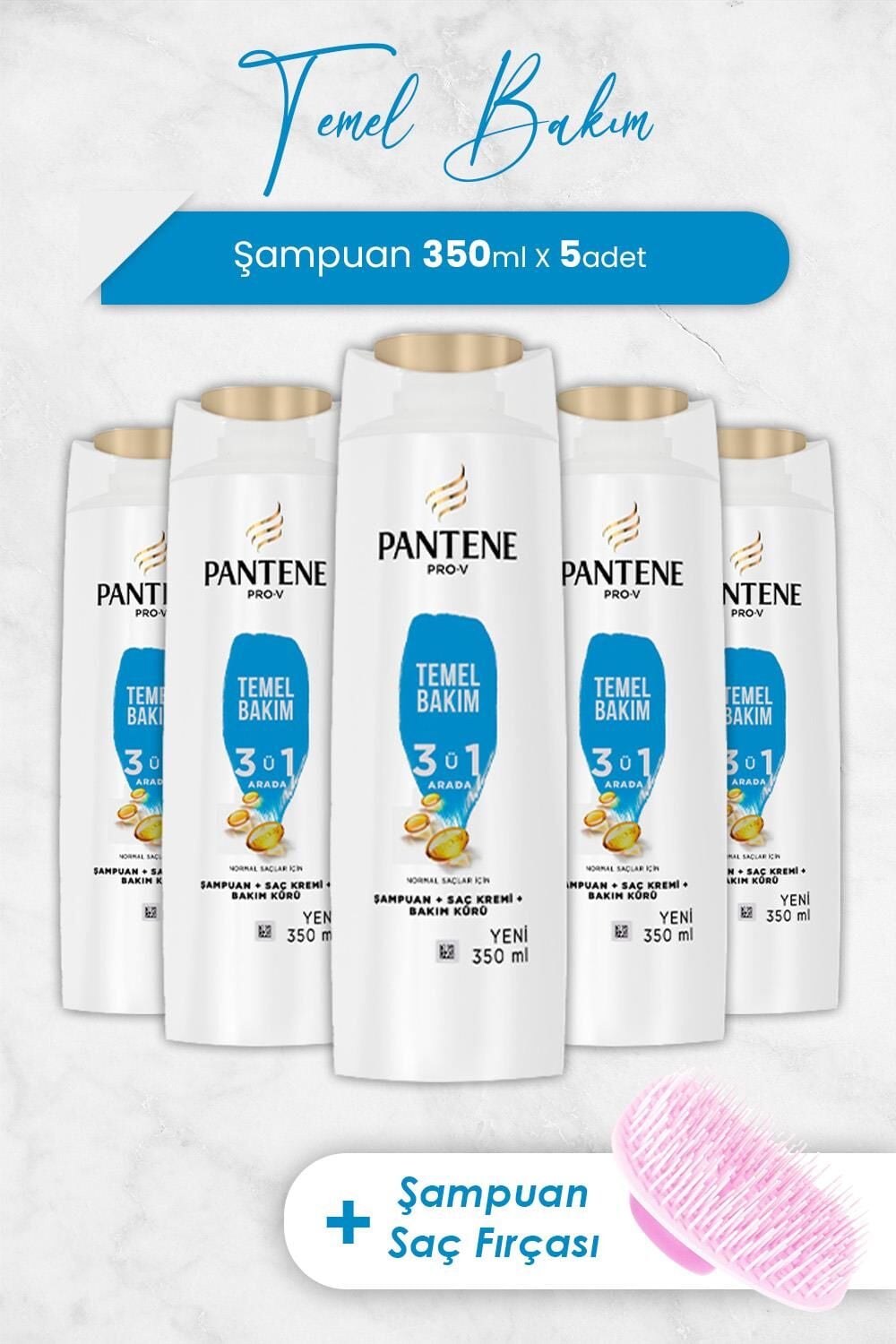 Pantene Şampuan Pro-V Temel Bakım 3'ü 1 Arada 350 ml x 5 Adet ve Şampuan Fırçası