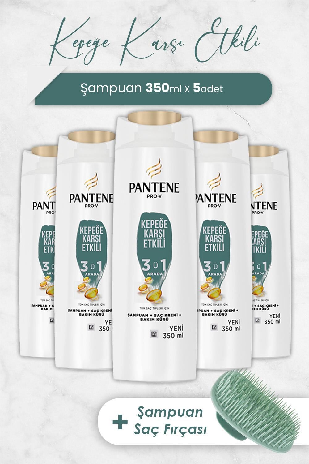 Pantene Şampuan Pro-V Kepeğe Karşı Etkili 3'ü 1 Arada 350 ml x 5 Adet ve Şampuan Fırçası