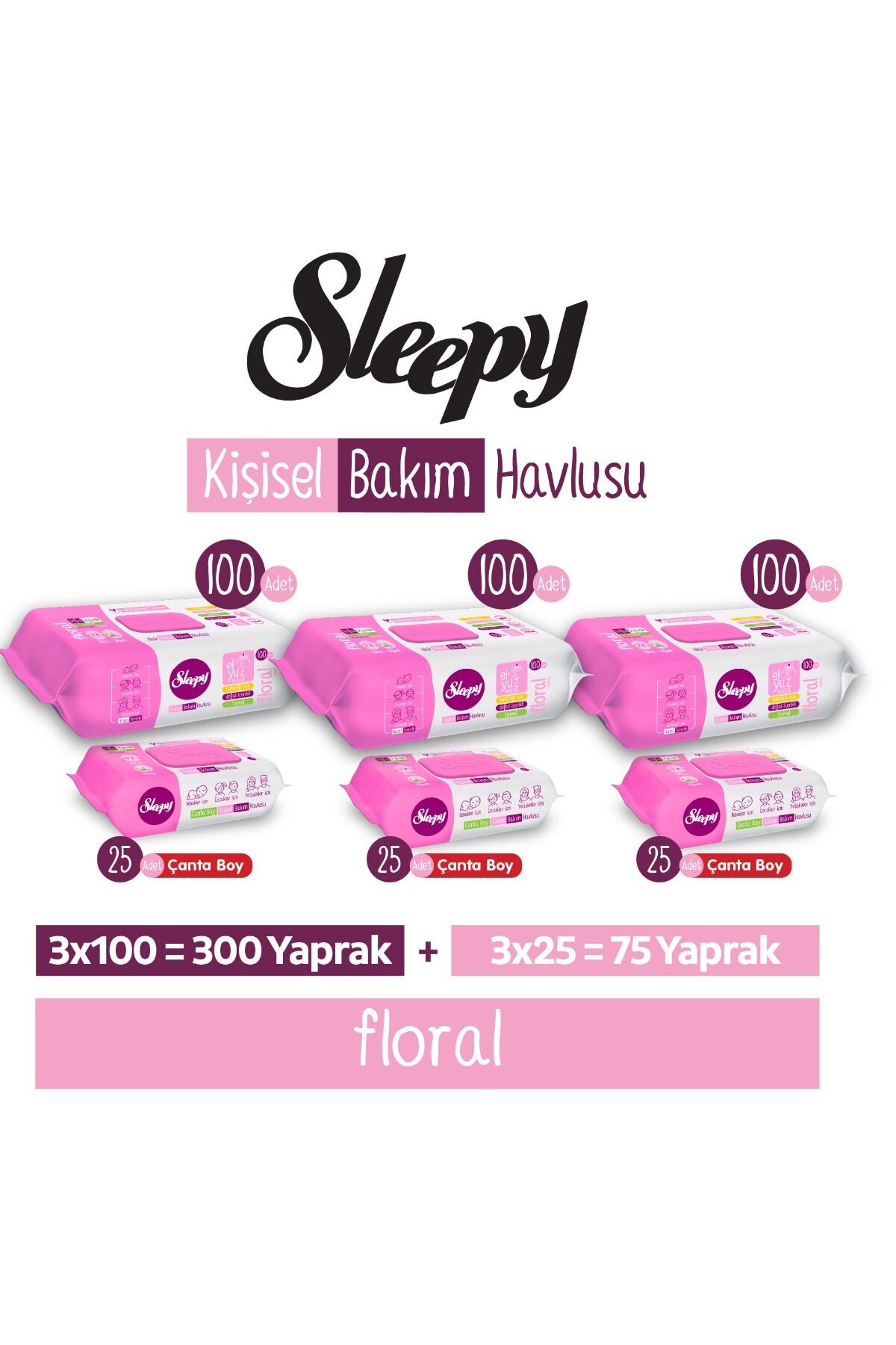 Sleepy Floral Kişisel Bakım Havlusu 3x100 (300 Yaprak) + Çanta Boy 3x25 (75 Yaprak)