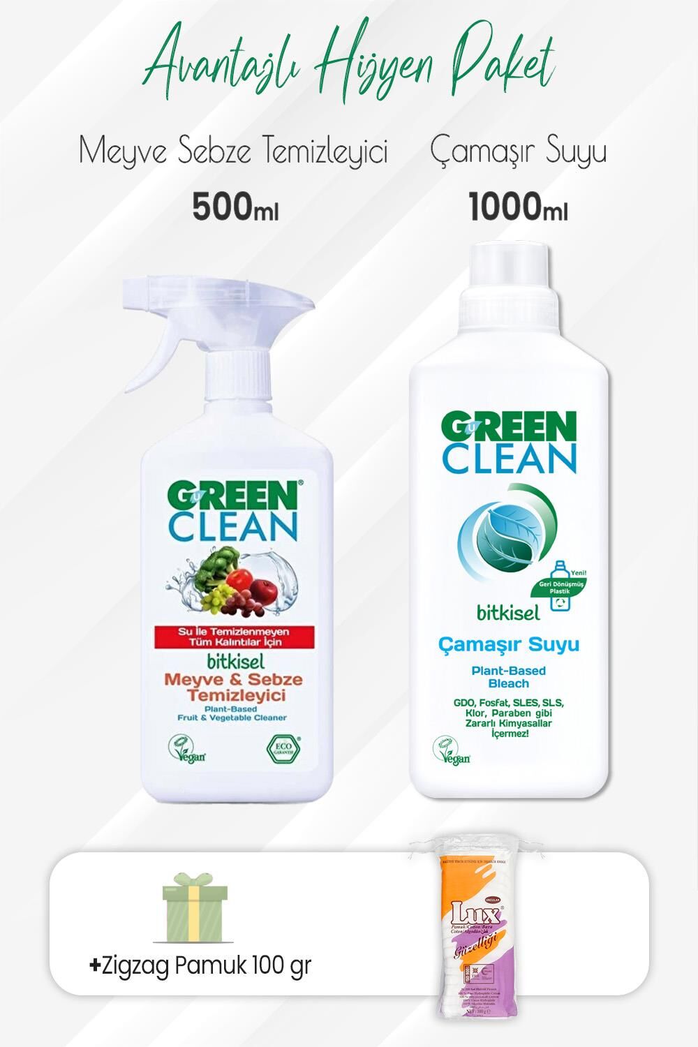 Green Clean Meyve Sebze Temizleyici 500 ml,Çamaşır Suyu 1000 ml ve Zigzag Pamuk