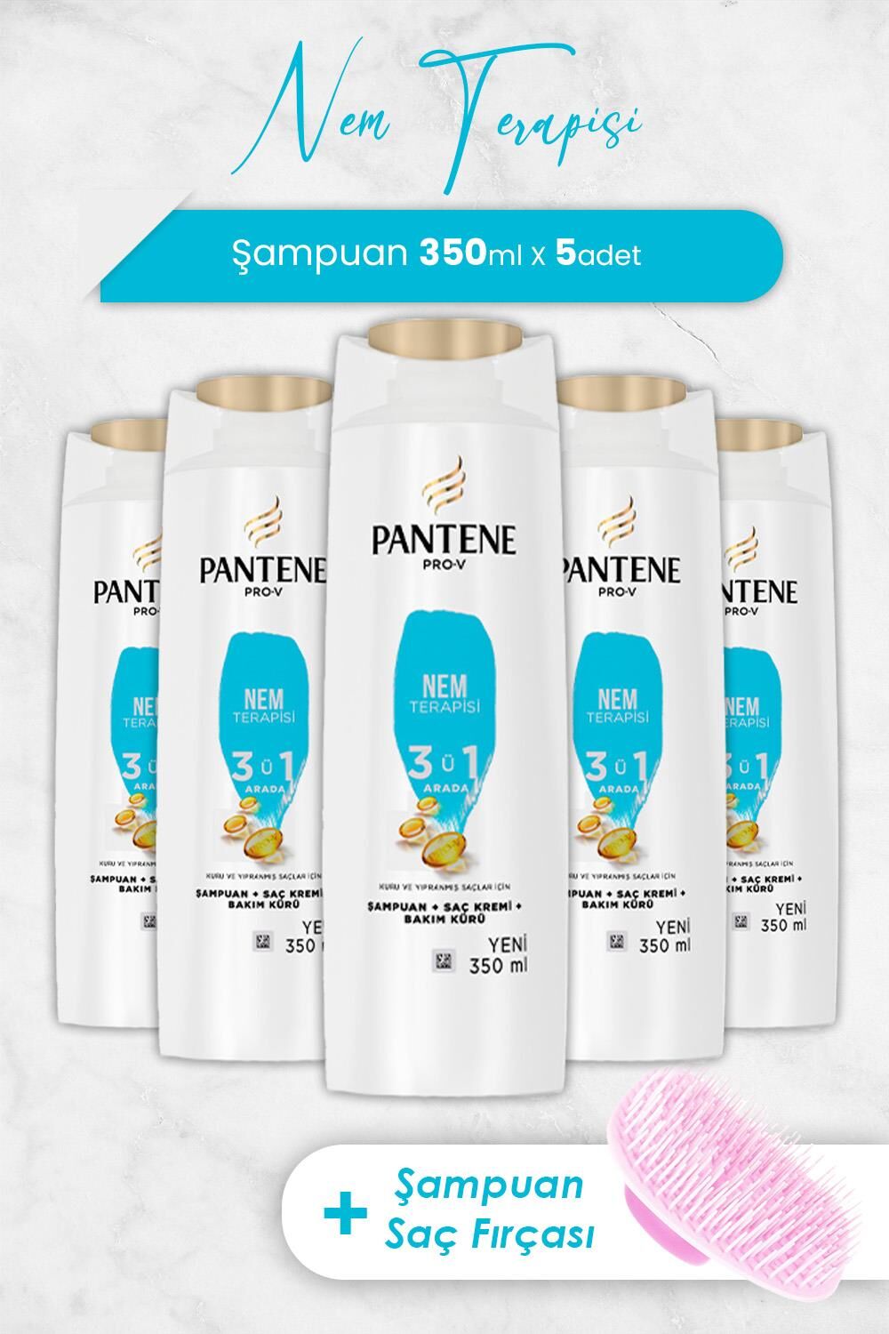 Pantene Şampuan Pro-V Nem Terapisi 3'ü 1 Arada 350 ml x 5 Adet ve Şampuan Fırçası