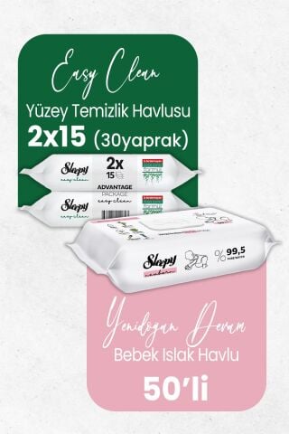 Sleepy Yenidoğan Devam Islak Bebek Havlusu 50'li ve Temizlik Havlusu 30' lu