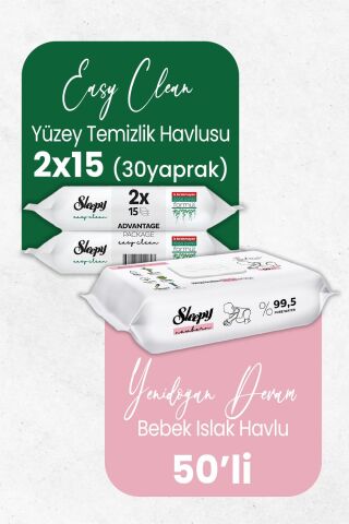 Sleepy Yenidoğan Devam Islak Bebek Havlusu 50'li ve Temizlik Havlusu 30' lu