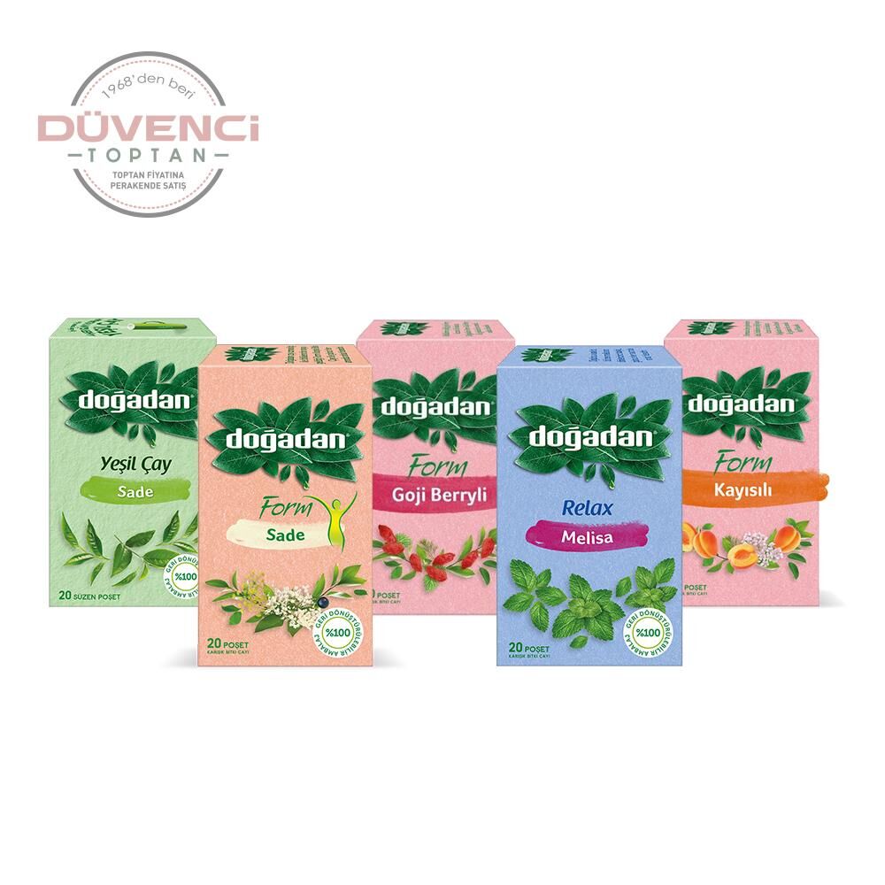 Doğadan Düvenci Toptan Bitki Çayları Paketi 5' li Model 5 (Yeşil Çay, Melisa, Kayısılı, Goji Berry, Form Sade)