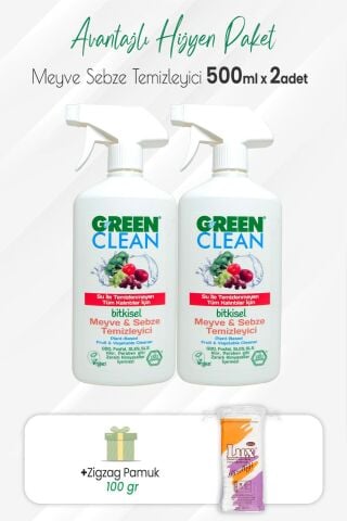 Green Clean 2'li Bitkisel Meyve Sebze Temizleyici 500 ml ve Zigzag Pamuk 100 gr