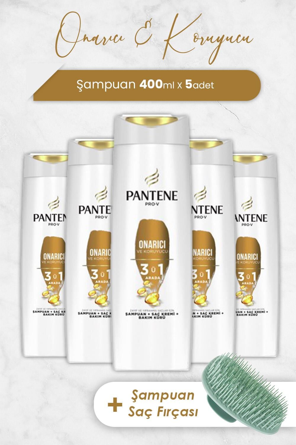 Pantene Pro-V Onarıcı Ve Koruyucu Bakım 3'Ü 1 Arada 400 ml Şampuan x 5 Adet ve Şampuan Fırçası