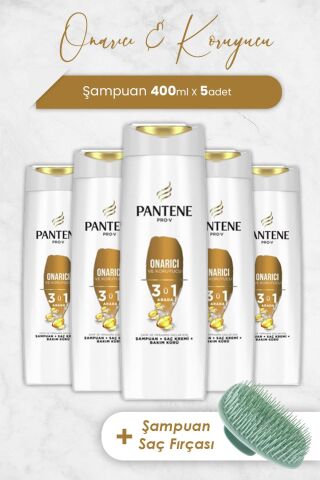 Pantene Pro-V Onarıcı Ve Koruyucu Bakım 3'Ü 1 Arada 400 ml Şampuan x 5 Adet ve Şampuan Fırçası