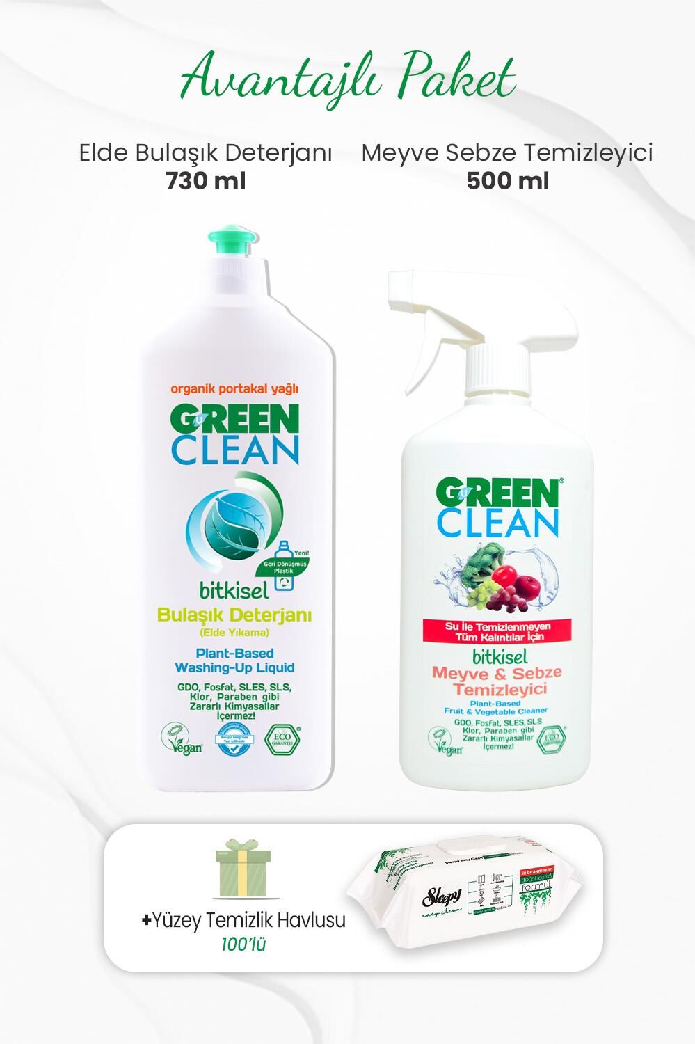 Green Clean Elde Bulaşık Deterjanı 730 ml,Meyve Sebze Temizleyici 500 ml ve Yüzey Temizlik Havlusu