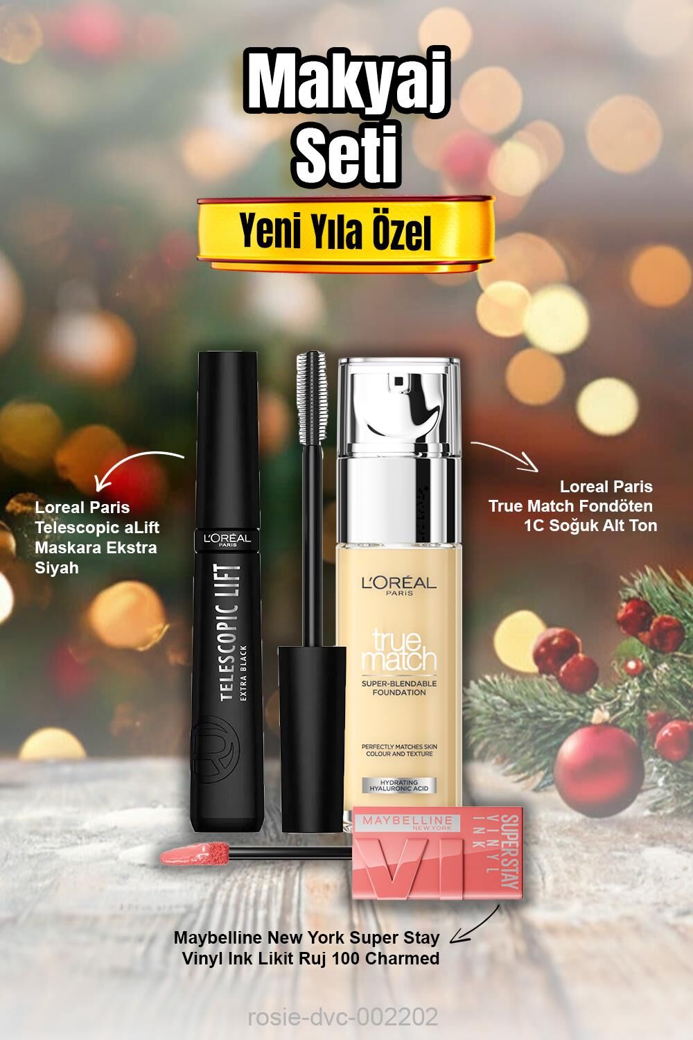 Loreal True Match Fondöten 1C, Telescopic Lift Maskara,Vinyl Ink Likit Ruj 100