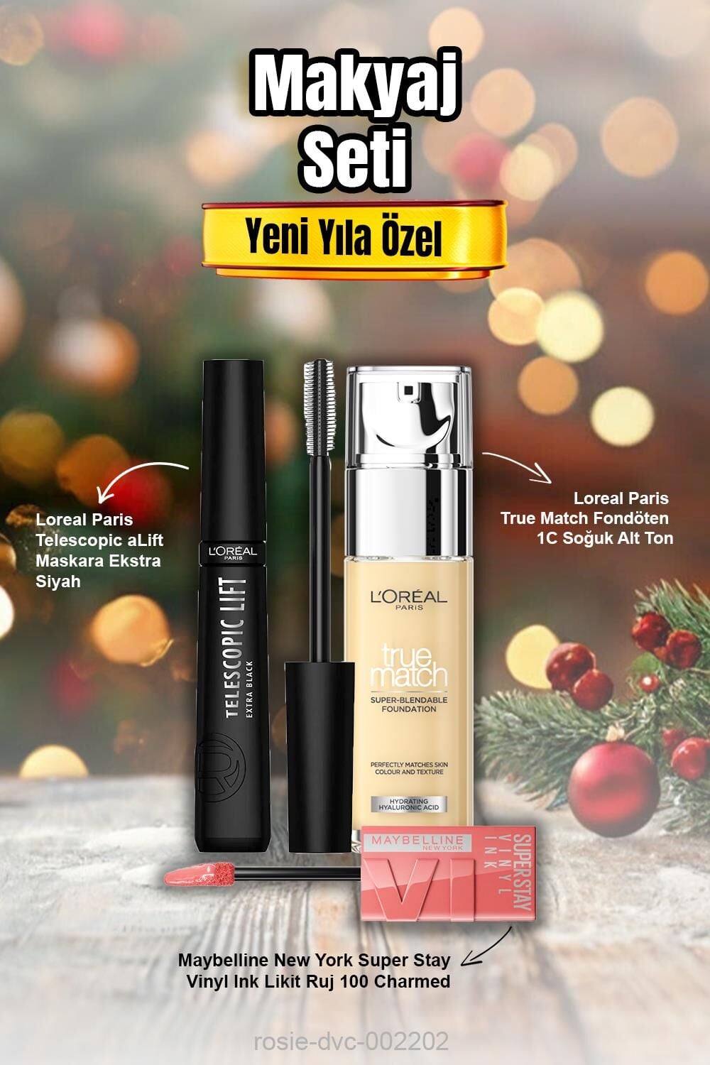 Loreal True Match Fondöten 1C, Telescopic Lift Maskara,Vinyl Ink Likit Ruj 100