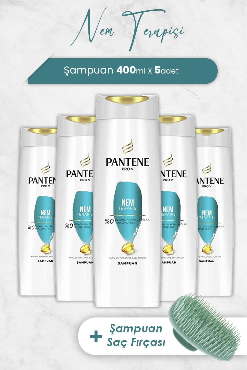 Pantene Pro-V Nem Terapisi 400 ml Şampuan x 5 Adet ve Şampuan Fırçası
