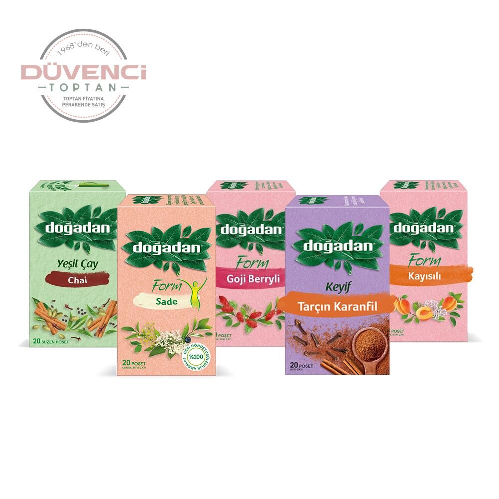 Doğadan Düvenci Toptan Bitki Çayları Paketi 5' li Model 7 (Kayısılı, Goji Berry, Form Sade, Yeşil Çay Chai, Tarçın Karanfil)