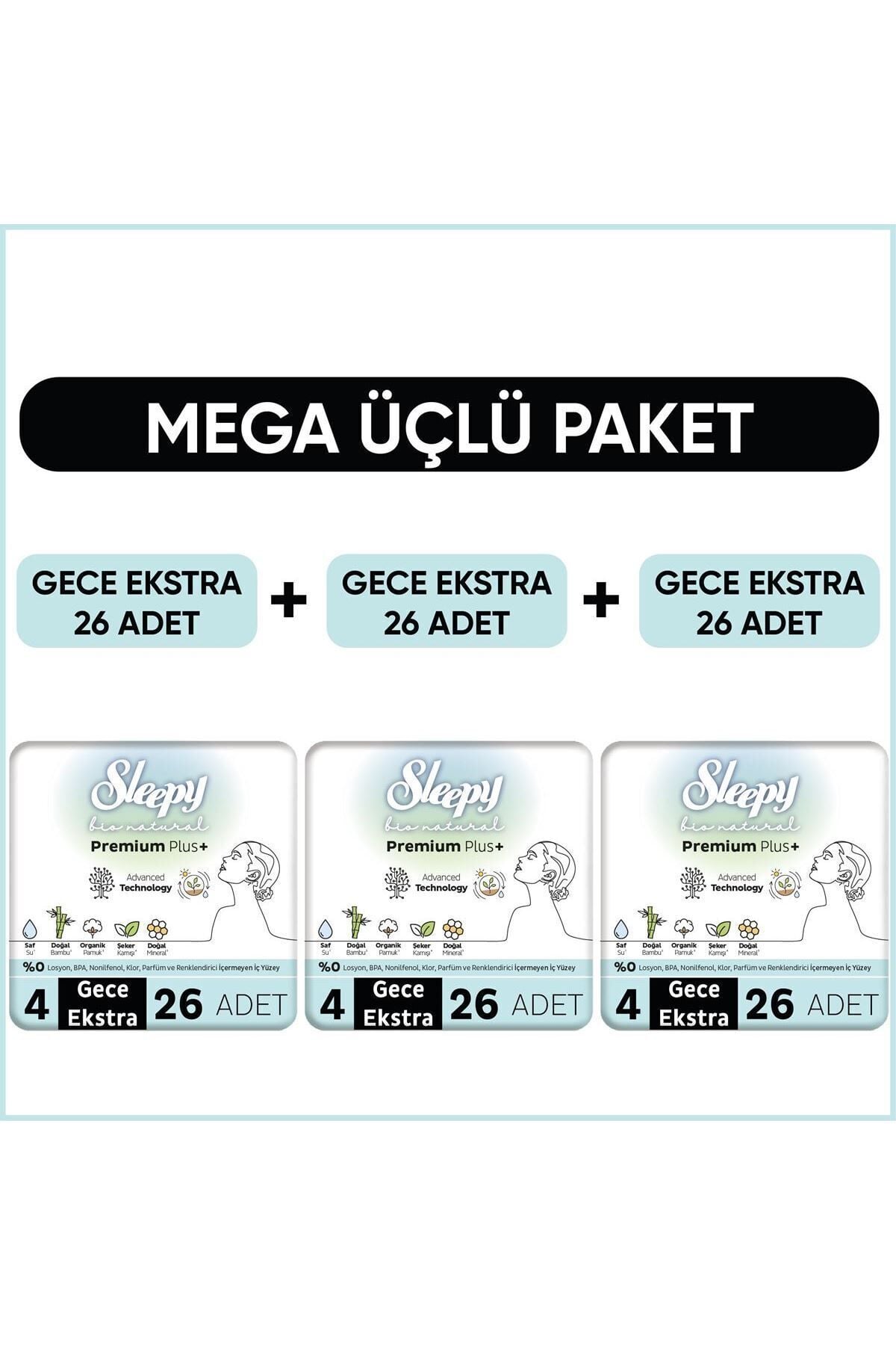 Sleepy Bio Natural Premium Plus Hijyenik Ped Mega Paket Gece Extra 26X3 Adet