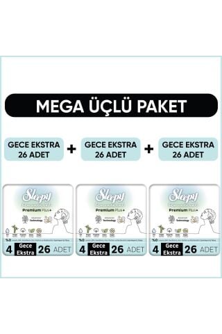 Sleepy Bio Natural Premium Plus Hijyenik Ped Mega Paket Gece Extra 26X3 Adet
