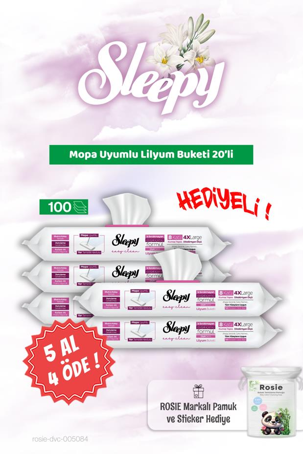 5 AL 4 ÖDE Sleepy Mopa Uyumlu Lilyum Buketi 20'li ve Rosie Bebek pamuğu