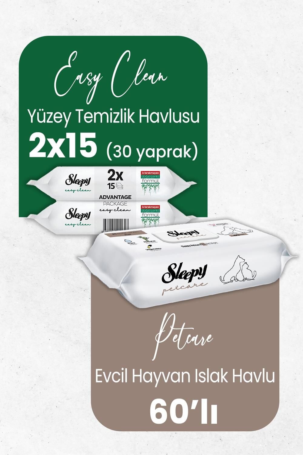 Sleepy Yüzey Temizlik Havlusu 30' lu ve Evcil Hayvan Islak Havlusu 60' lı