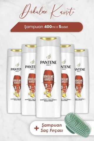 Pantene Pro-V Saç Dökülmelerine Karşı 3' ü 1 Arada Şampuan 400 ML x 5 Adet ve Şampuan Fırçası