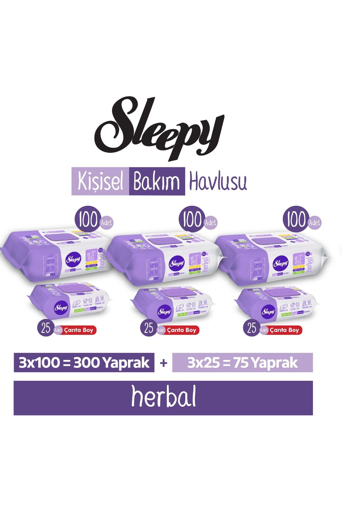 Sleepy Herbal Kişisel Bakım Havlusu 3x100 (300 Yaprak) + Çanta Boy 3x25 (75 Yaprak)
