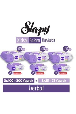 Sleepy Herbal Kişisel Bakım Havlusu 3x100 (300 Yaprak) + Çanta Boy 3x25 (75 Yaprak)