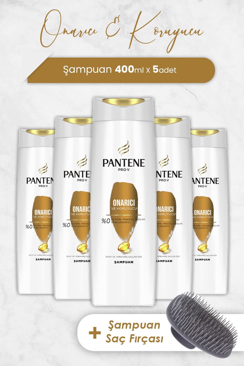 Pantene Pro-V Onarıcı Ve Koruyucu Şampuan 400ml x 5 Adet ve Şampuan Fırçası
