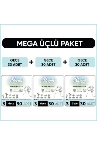 Sleepy Bio Natural Premium Plus Hijyenik Ped Mega Paket Gece 30X3 Adet